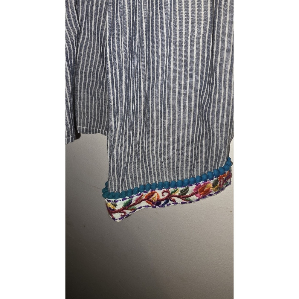 Zara Woman Jacket Blouse Embroidered Boho Pom Pom Blue White Striped Womens Sz S - Picture 5 of 10